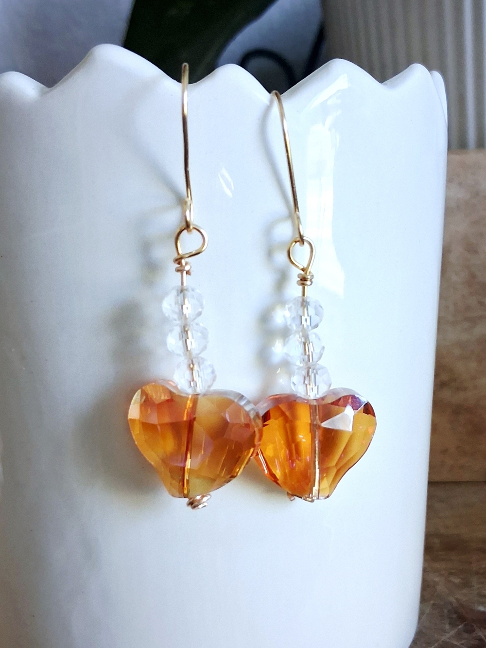 Gold-Tone Iridescent Orange Heart Drop Earrings - Picture 2 of 5
